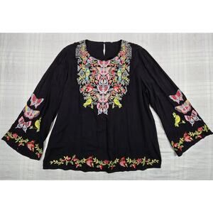 Higustar Womens Boho Mexican Embroidered Blouse Top Birds Butterflies Nature 2X